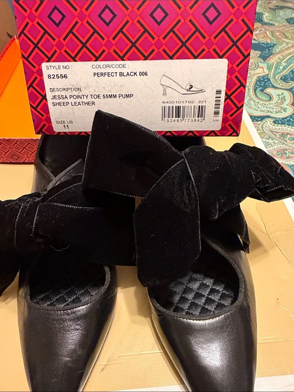 Tory Burch Black Pointed-Toe Velvet Bow Mules